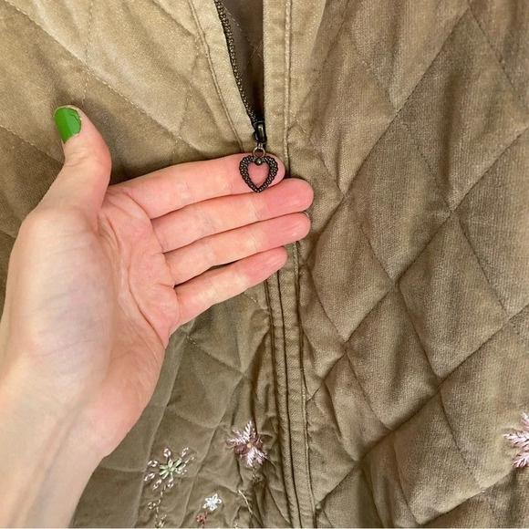 Vintage 90s Quilted Jacket WomenPlus Size 16 Tan Velvet Pink Embroidered Floral - Picture 4 of 13